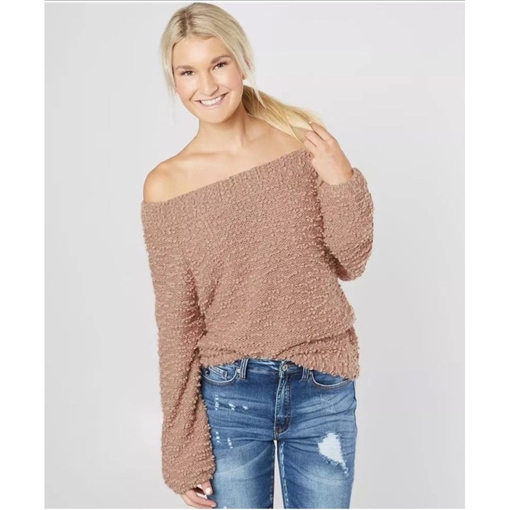 Billabong Womens Furget Me Not Mauve Popcorn Knit Off Shoulder Slouchy Sweater S
